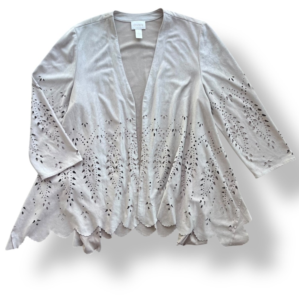 Chicos 1 Womens M Taupe Tan Faux Suede Laser Cut Eyelet Open Front Cardigan Boho